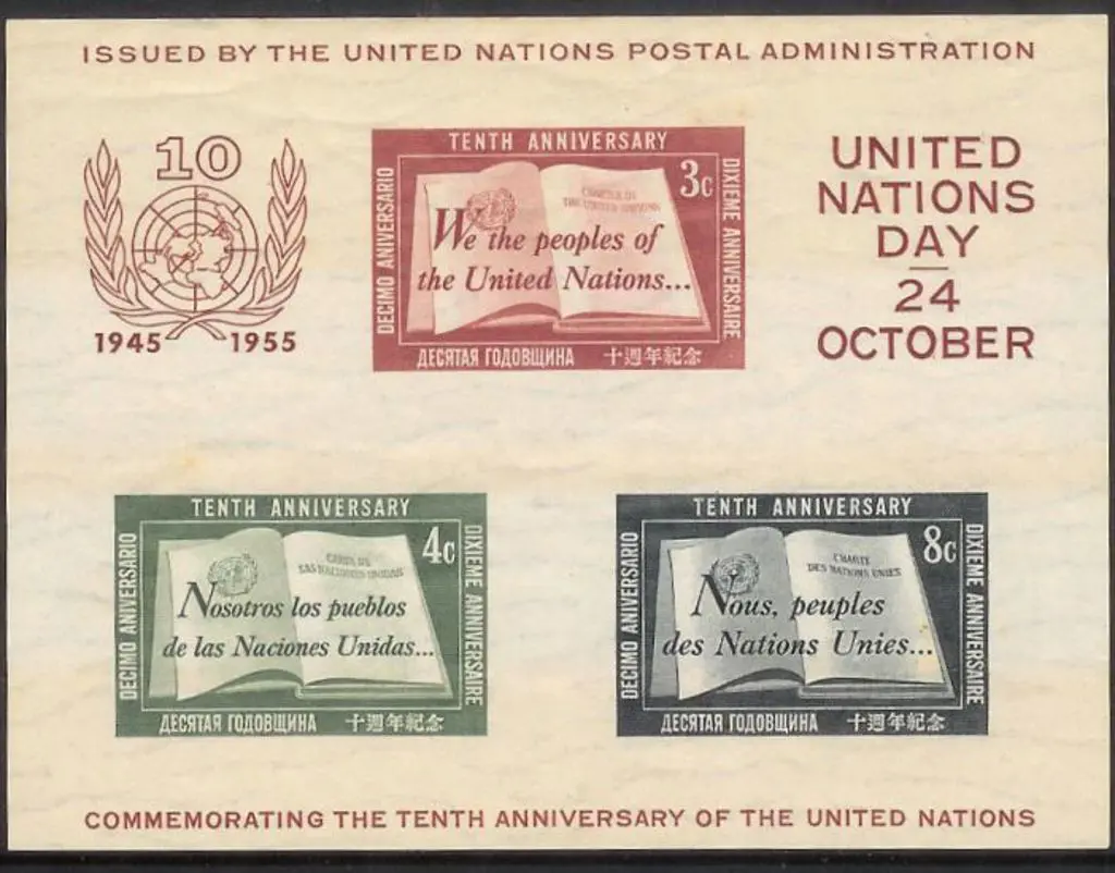 1955 10th Anniv of UN M/S. MUH with light ... Image 1++