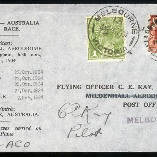 1934 (20th Oct) MacRobertson Air Race from England ...