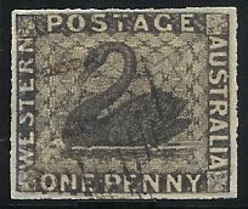 1854 1d black imperf swan with 4 full clear ... Image 1++