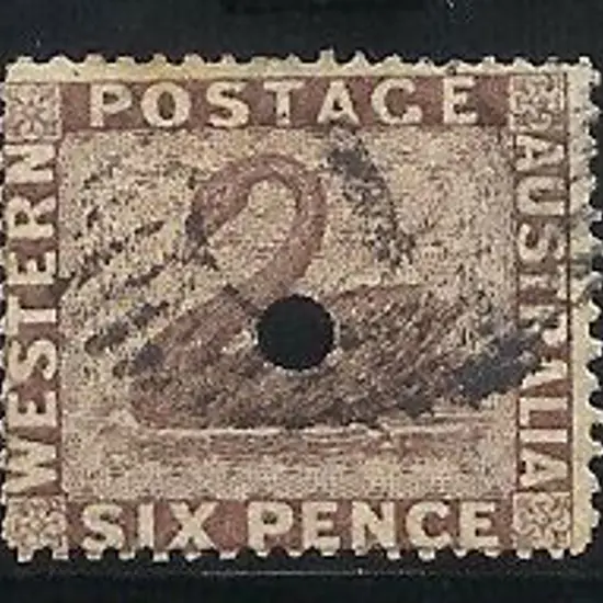 1861 6d purple-brown swan with 3mm puncture. Well ...