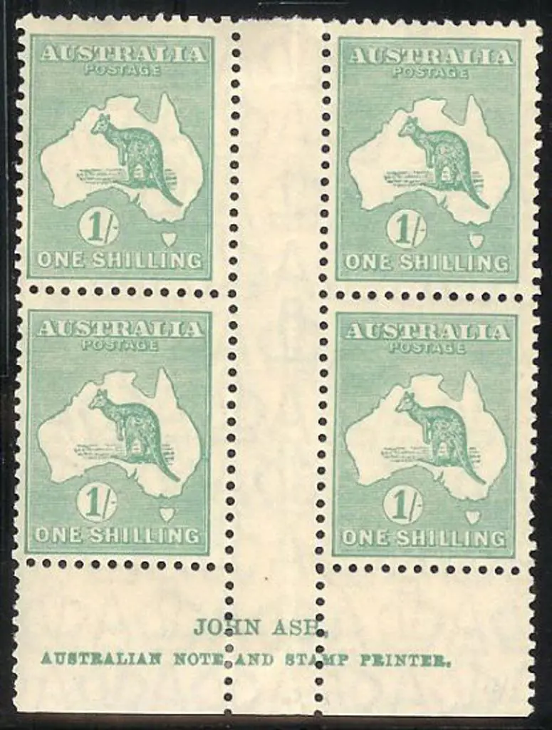 1/- blue green Ash imprint block of 4 MVLH in top ... Image 1++