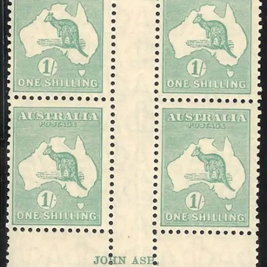 1/- blue green Ash imprint block of 4 MVLH in top ...