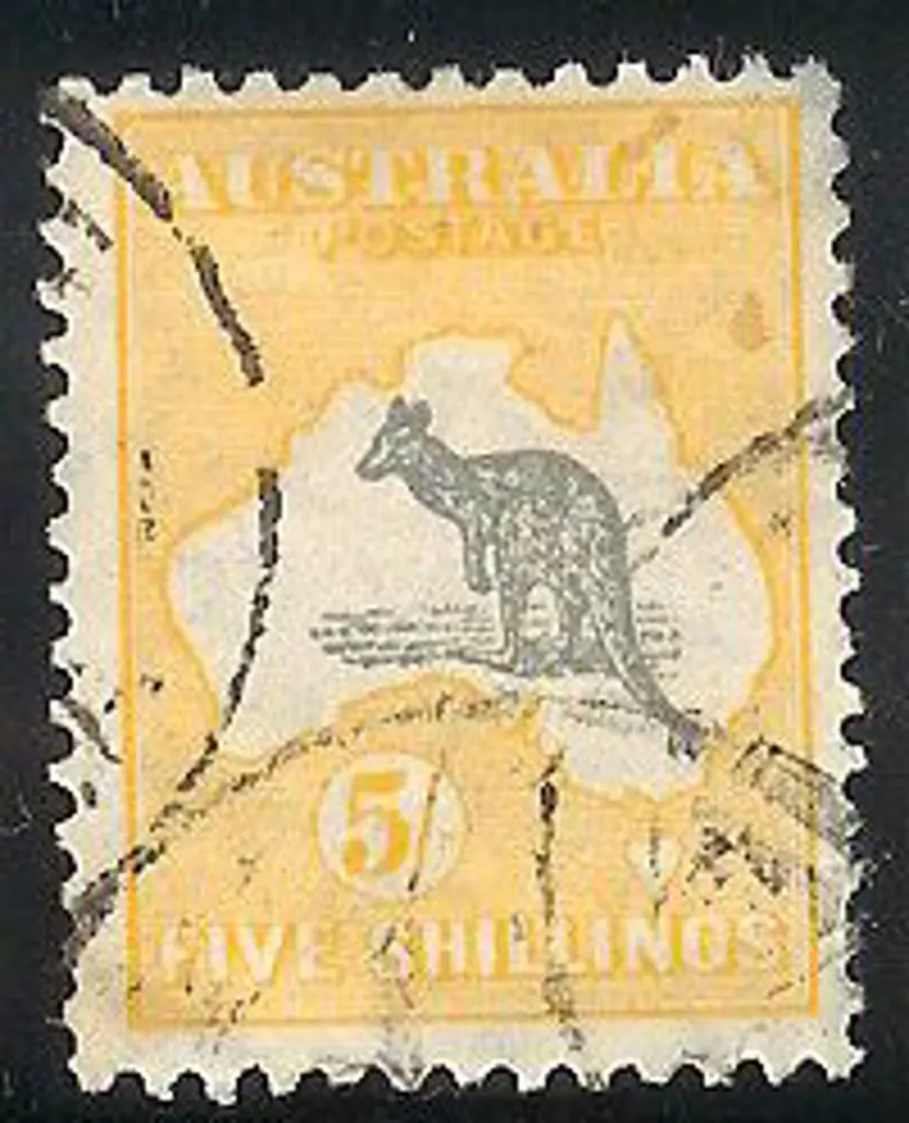 5/- grey & yellow good used with 3 overlapping cds ... Image 1++
