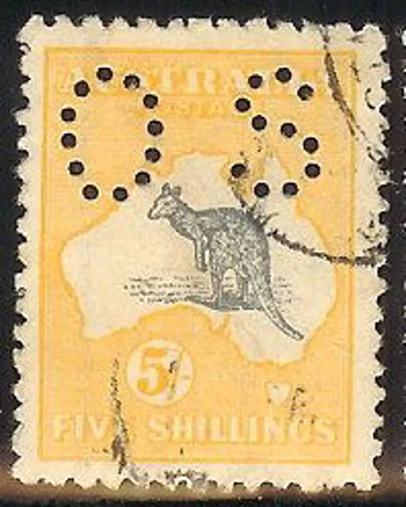 1915 5/- grey & yellow perfined small OS. Good to ... Image 1++