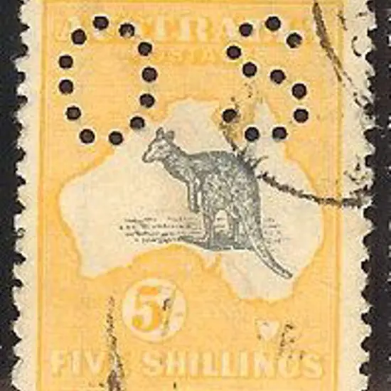 1915 5/- grey & yellow perfined small OS. Good to ...