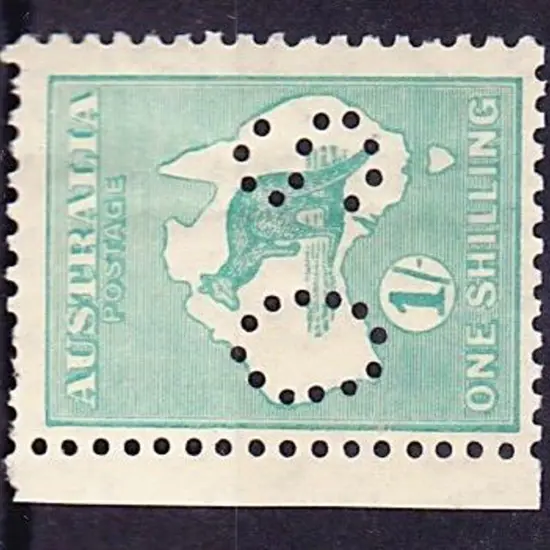 1929 1/- blue-green kangaroo punctured OS. MUH ...