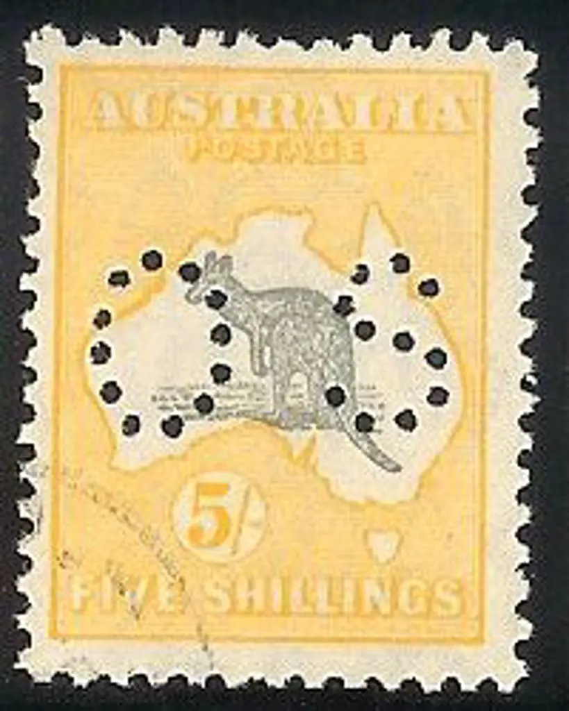 1915 5/- grey & yellow perfined small OS. F/U with ... Image 1++
