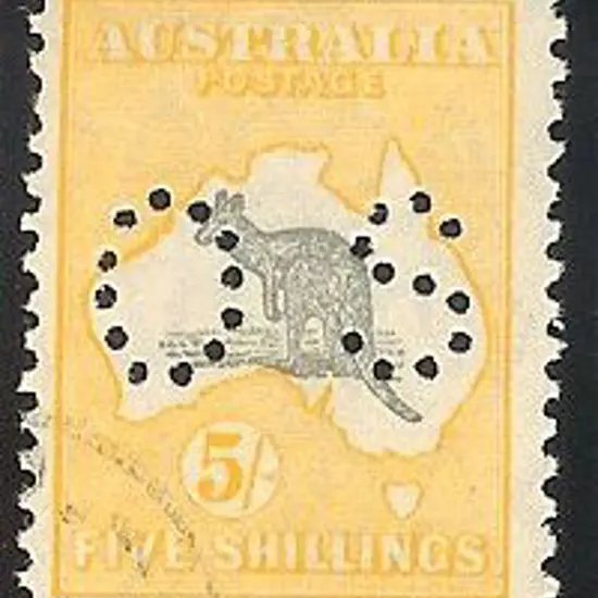 1915 5/- grey & yellow perfined small OS. F/U with ...