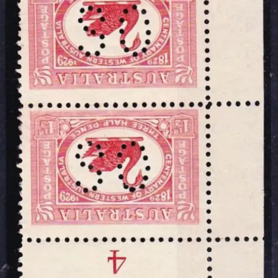 1929 1½d WA Cent perfined OS MUH Plate 4 vertical ...