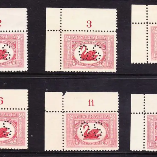 1929 1½d WA Cent punctured OS plate singles with ...