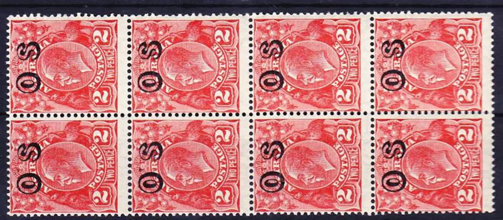 1932 2d golden scarlet KGV ovpt OS in MUH block of ... Image 1++