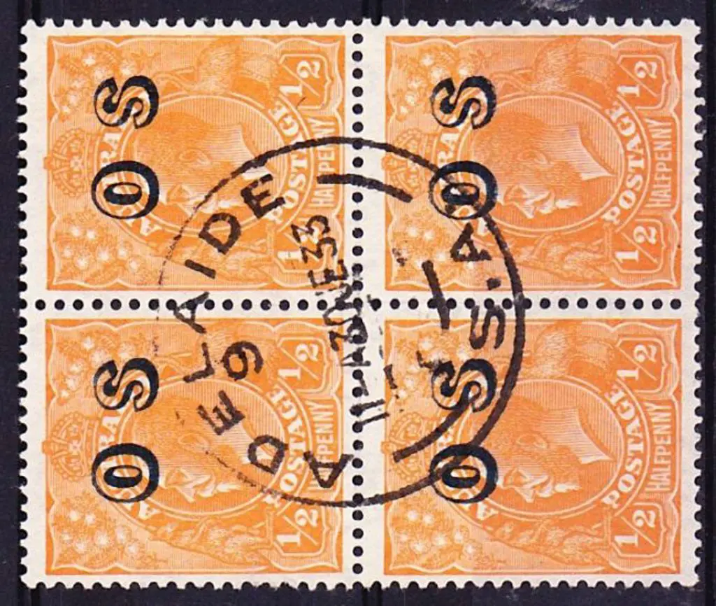 1932 ½d orange KGV block of 4 with neat Adelaide, ... Image 1++