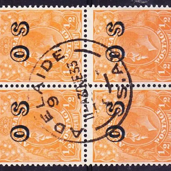 1932 ½d orange KGV block of 4 with neat Adelaide, ...