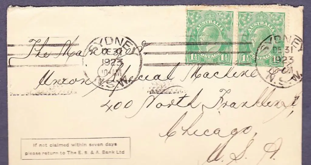 1923 (3rd Dec) Sydney to USA cover from E.S. & A. ... Image 1++