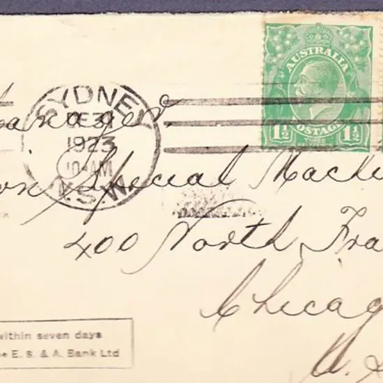 1923 (3rd Dec) Sydney to USA cover from E.S. & A. ...