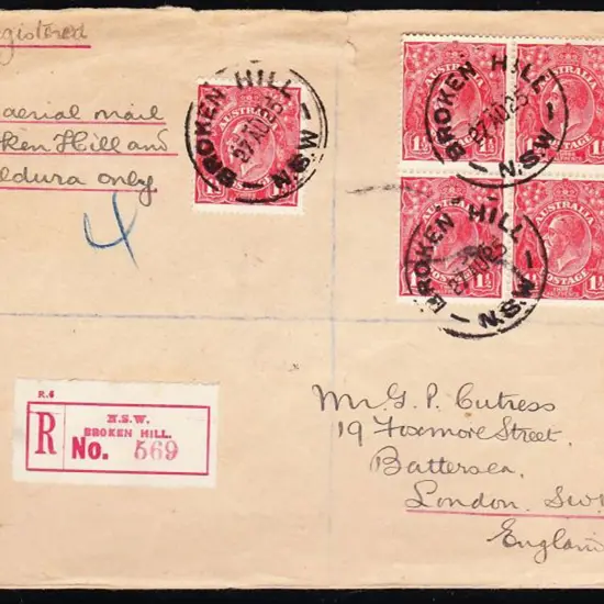 1925 (27th Aug) Reg Airmail cover with "Per aerial ...