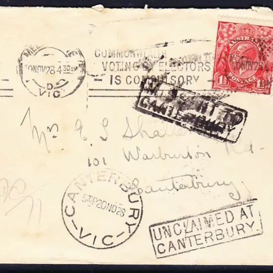 1928 (10th Nov) Melbourne to Canterbury, Vic cover ...