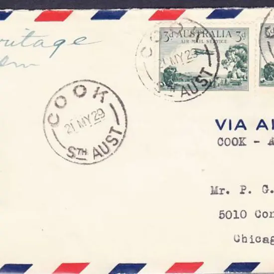 1929 (21st May) Airmail cover Cook, South Aust. to ...