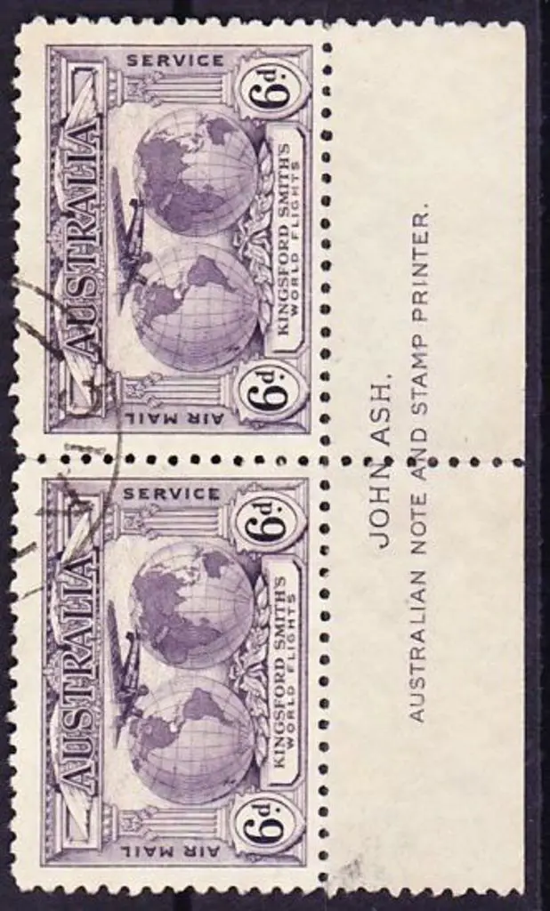 1931 6d Kingsford Smith Ash imprint pair F/U. SG ... Image 1++