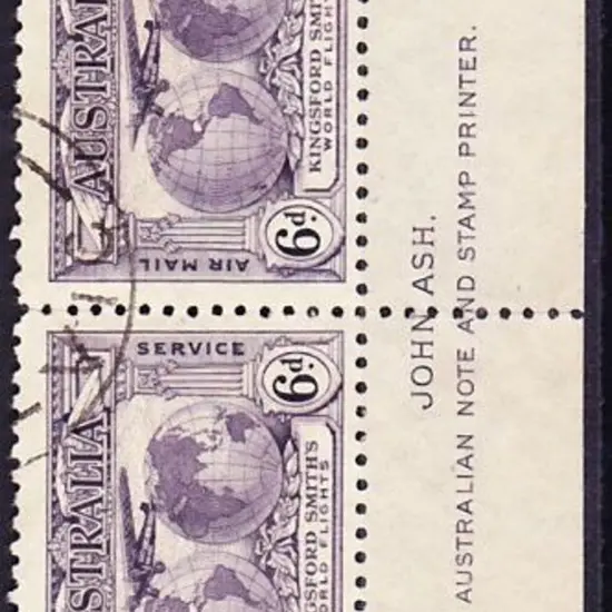 1931 6d Kingsford Smith Ash imprint pair F/U. SG ...