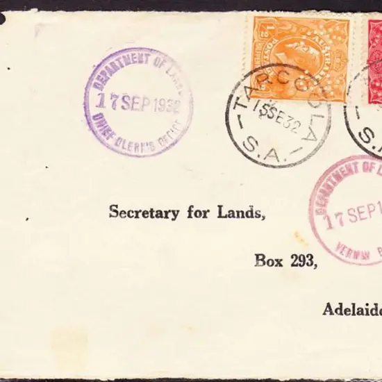 1932 KGV front Tarcoola to Adelaide with ½d orange ...