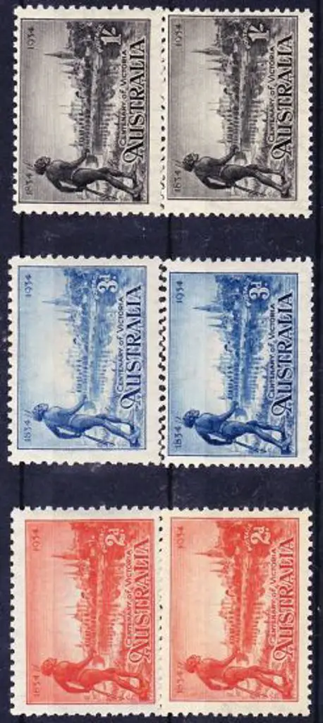 1934 Victoria Centenary Perf. 10½ & 11½ sets of 3. ... Image 1++