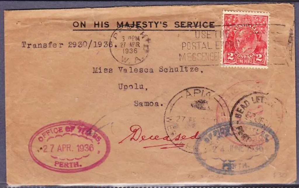 1936 (27th Apr) OHMS cover Perth to Apia, Samoa, ... Image 1++