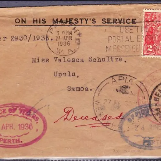 1936 (27th Apr) OHMS cover Perth to Apia, Samoa, ...