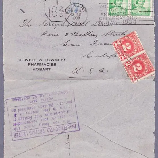 1938 (23 Feb) 1d QM pair on cover to USA with ...