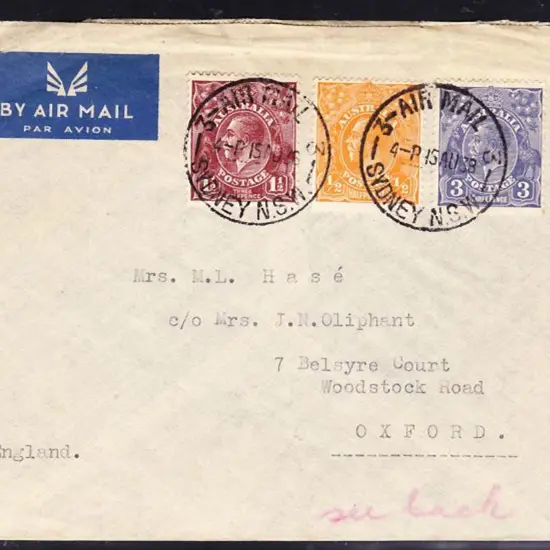 1938 (15th Aug) Airmail cover Sydney to Oxford, UK ...