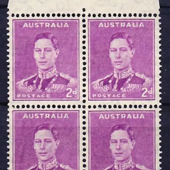 1941 2d purple KGVI marginal block of 4 showing ...