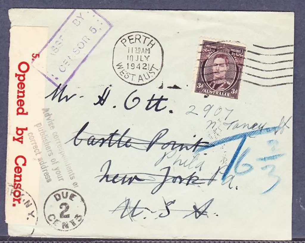 1942 (10th July) Perth slogan on 3d KGVI Censor ... Image 1++
