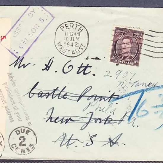 1942 (10th July) Perth slogan on 3d KGVI Censor ...