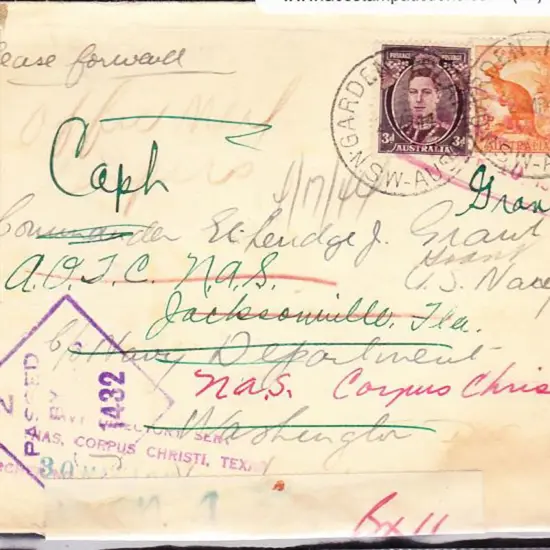 1944 (24th Mar) ½d kangaroo & 3d KGVI pmkd Garden ...