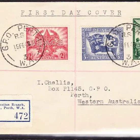 1946 (18th Feb) Peace set of 3 on plain Registered ...