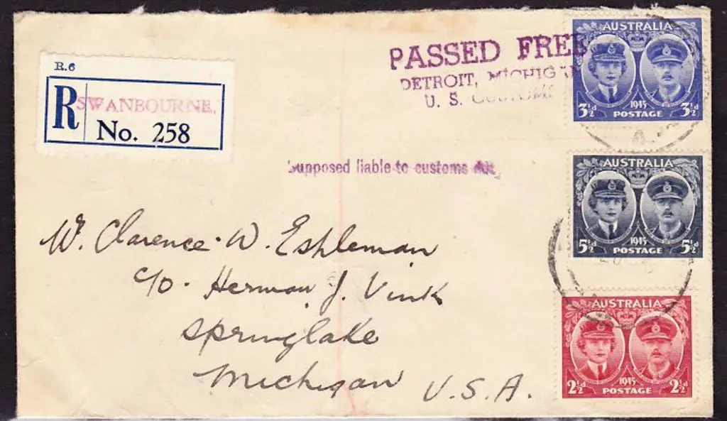 1946 Registered cover to Michigan, USA with set of ... Image 1++