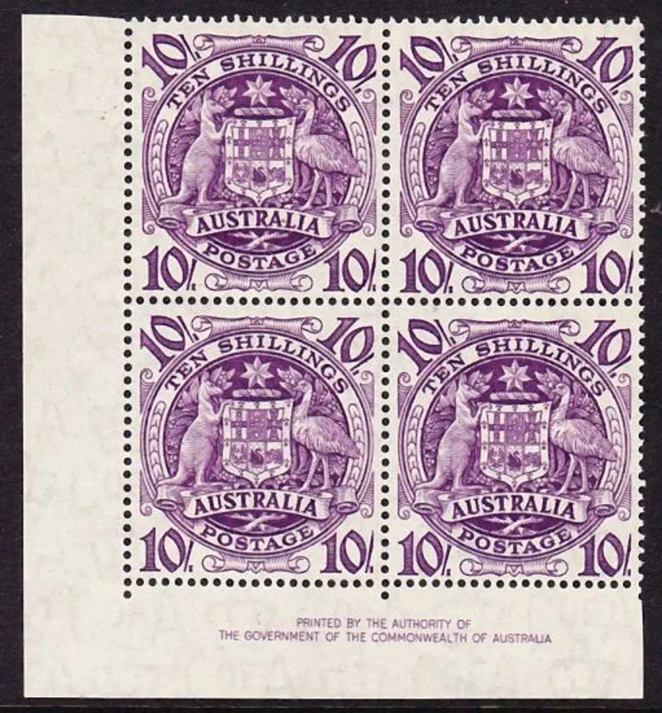 1949 10/- Arms imprint corner block of 4. Fresh ... Image 1++