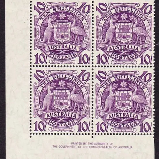 1949 10/- Arms imprint corner block of 4. Fresh ...