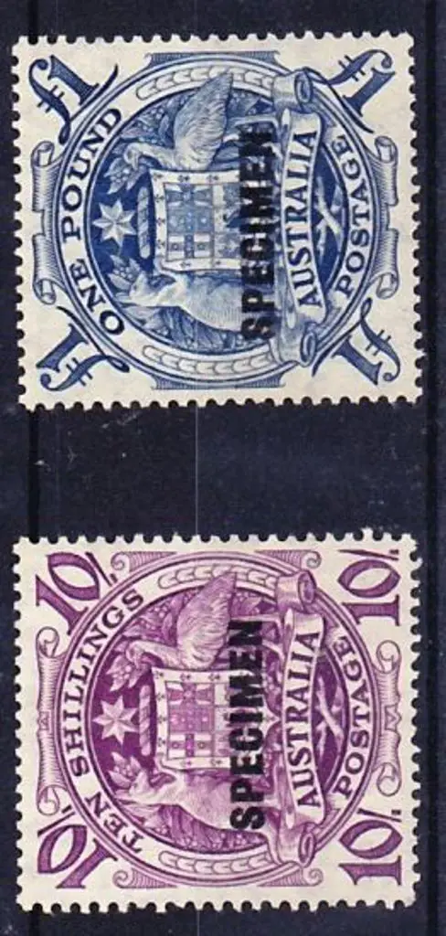 1949/50 Arms 10/- & £1 overprinted SPECIMEN. No ... Image 1++