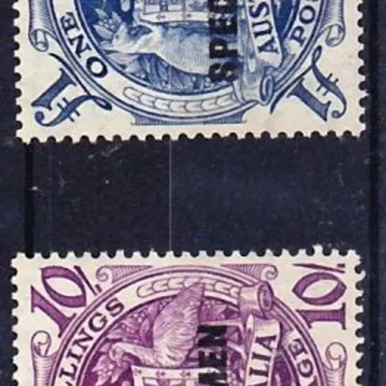 1949/50 Arms 10/- & £1 overprinted SPECIMEN. No ...