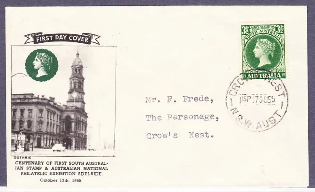 1955 (17th Oct) SA Stamp Cent Guthrie FDC. Neat ... Image 1++