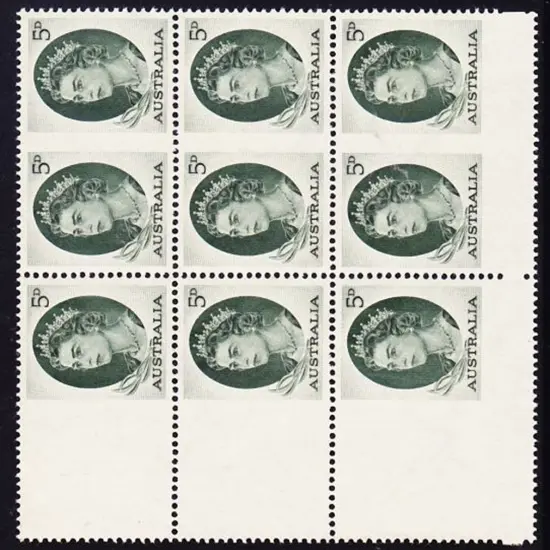 1963 5d QEII block of 9 from uncut booklet pane ...
