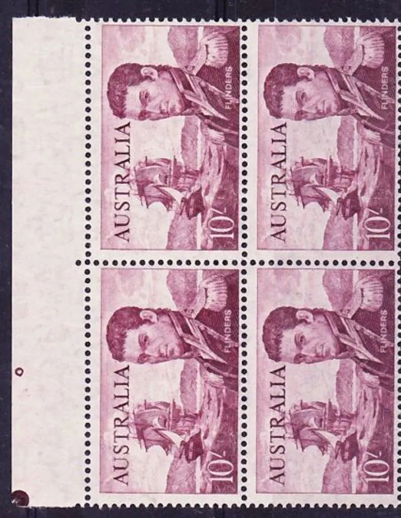 1964 10/- Flinders marginal block of 4 with 1 pip ... Image 1++
