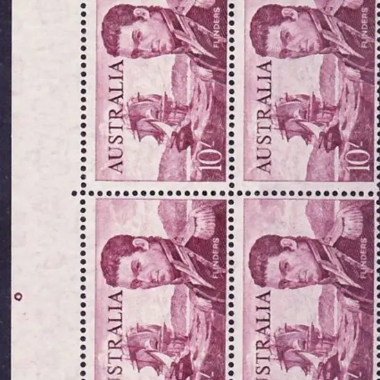 1964 10/- Flinders marginal block of 4 with 1 pip ...