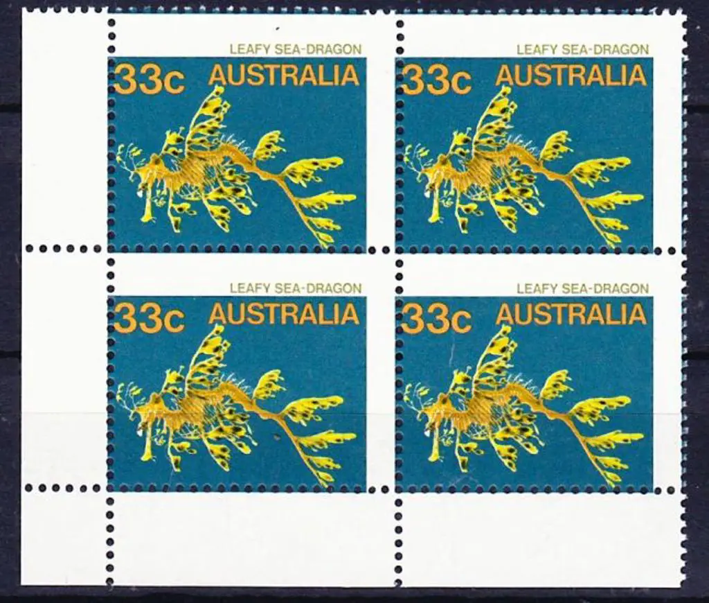 1985 33c Leafy Sea Dragon corner block of 4 with ... Image 1++