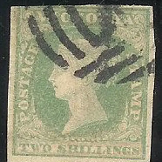1854 2/- dull bluish green & 1/- greenish blue. ...