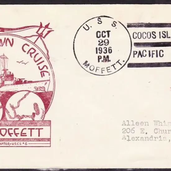 1936 (29th Oct) USA 1½c Harding pmkd "USS MOFFETT ...
