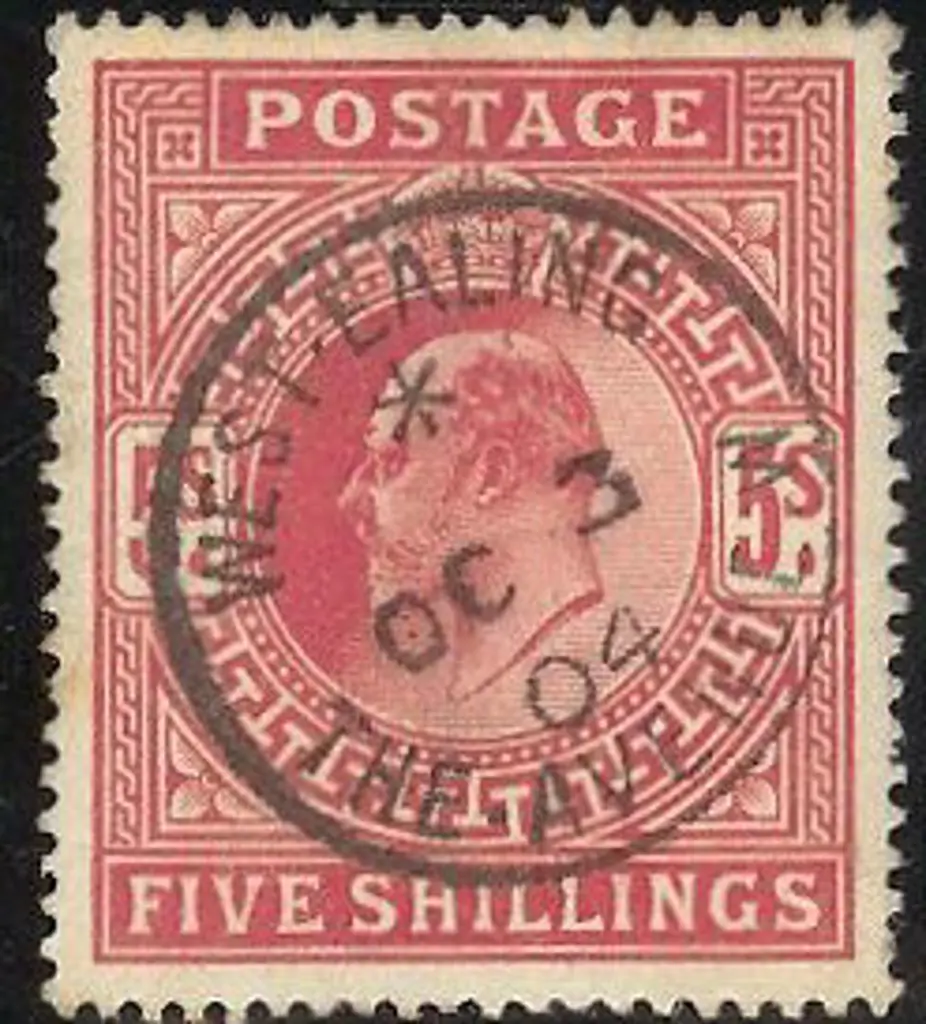 1902 5/- KEVII carmine with superb 1904 West ... Image 1++