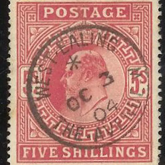 1902 5/- KEVII carmine with superb 1904 West ...