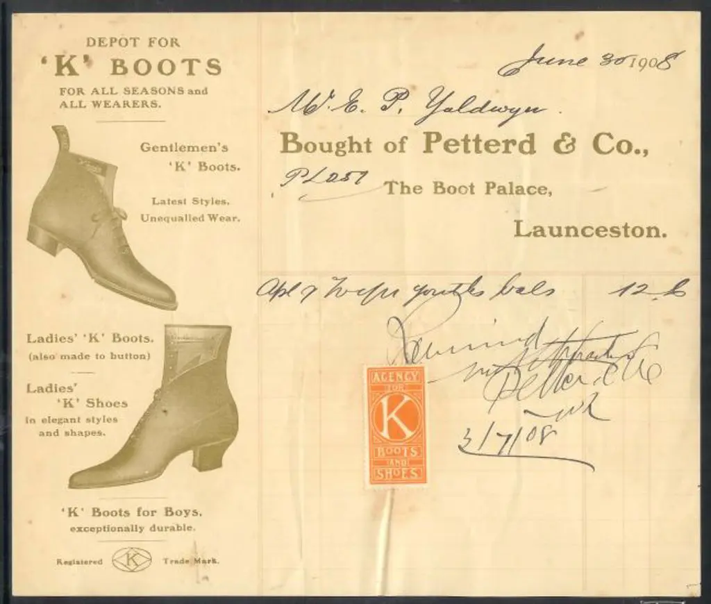 Footwear 1908 Tasmanian receipt with boots & shoes ... Image 1++
